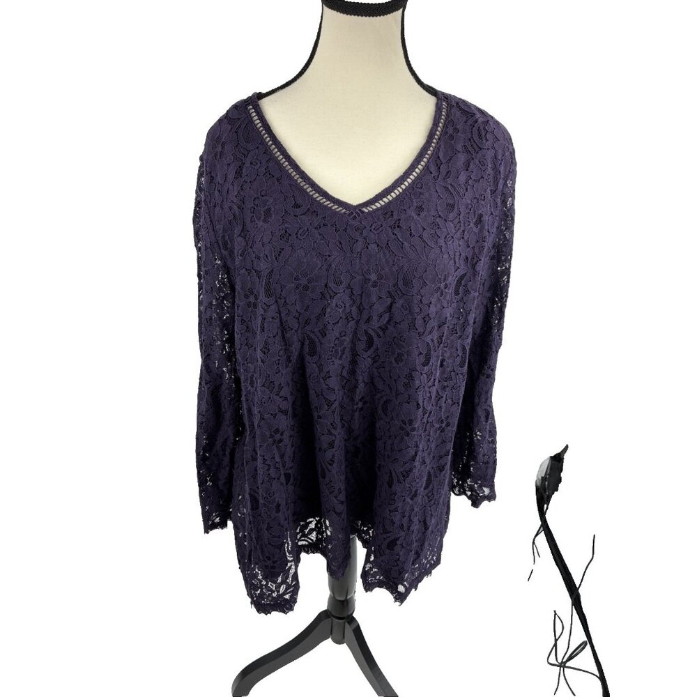 Style & Co Womens Lace Blouse Purple Floral V Neck XL